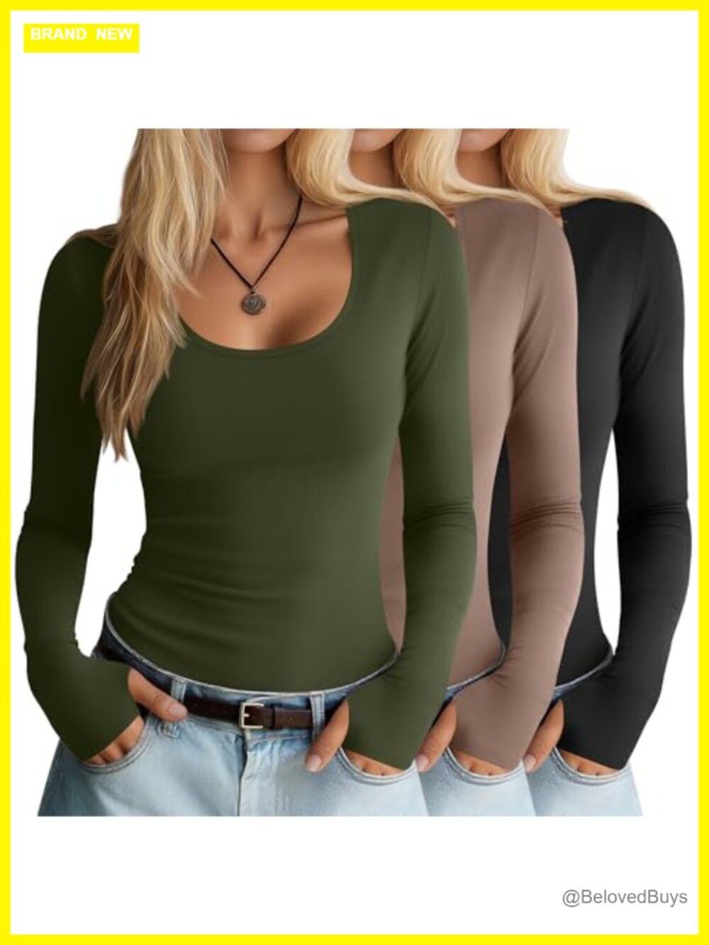 Long Sleeve Thumb Hole Scoop Neck Slim Fit Tops 3 Pack